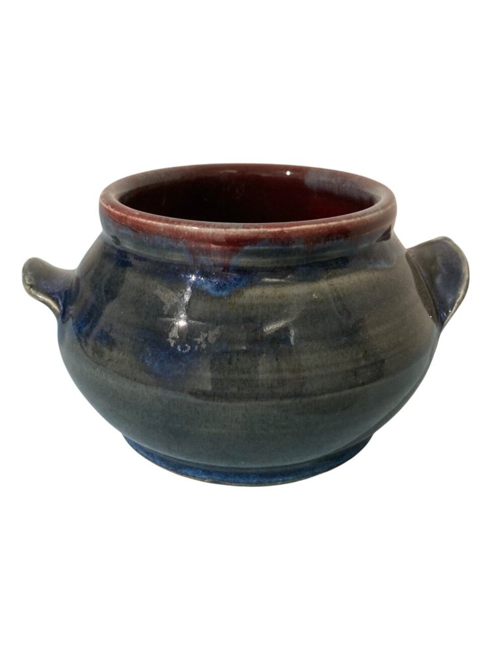 Handmade Ceramic Pottery Two-Handled Bowl With Rich Blue Glaze Signed